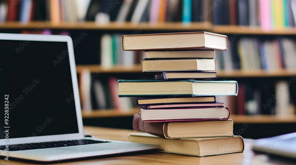 Stack of Books Next to Laptop in Library Stack of Books Next to Laptop in Library