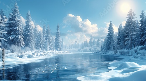 A Frozen River Surrounded by Snow-Covered Evergreen Trees