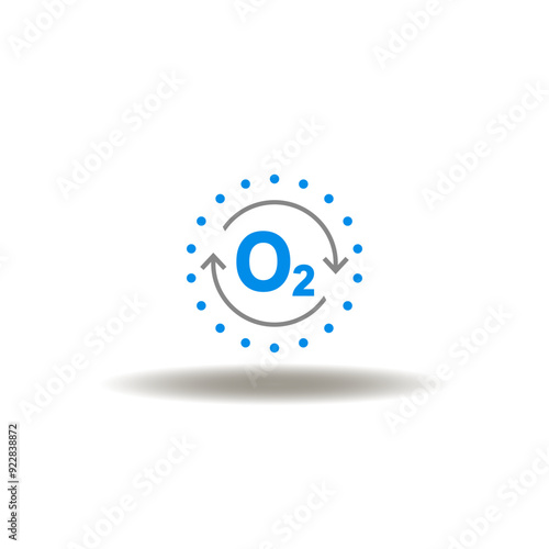 Vector illustration of oxygen chemical element with round arrows process and dots. Sign of HVAC. Icon of ecology and ESG. Symbol of environmental.