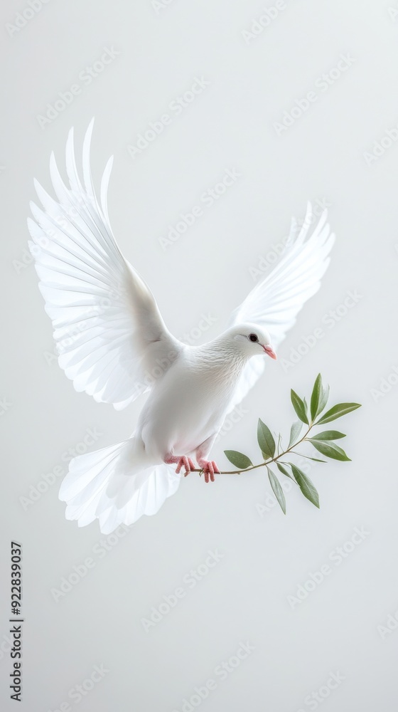 Fototapeta premium Serene White Dove Holding an Olive Branch, a Timeless Emblem of Peace and Harmony in Our World.