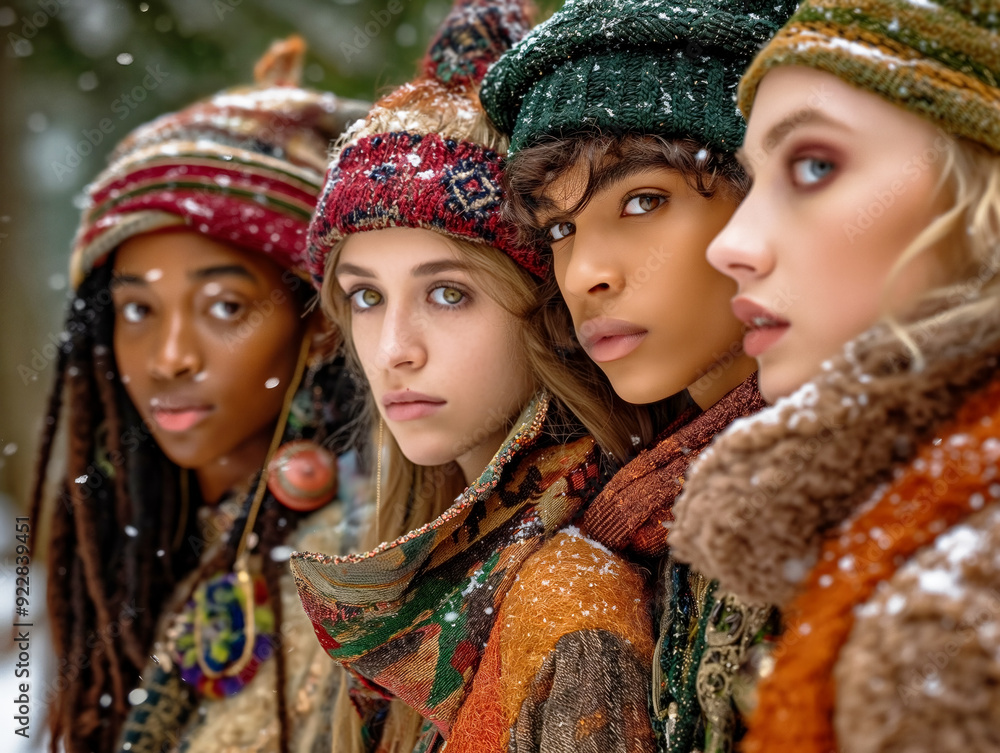 Four women wearing hats and scarves stand in a line. The women are dressed in winter clothing and appear to be posing for a photo. Scene is warm and inviting