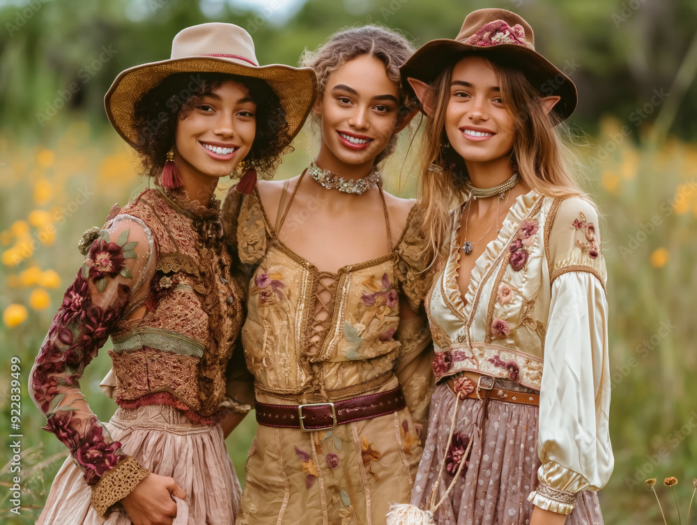 Three women wearing flowery dresses and hats pose for a photo in a field. Scene is cheerful and lighthearted, as the women are smiling and seem to be enjoying themselves