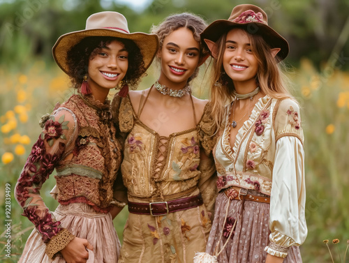 Obraz na płótnie Three women wearing flowery dresses and hats pose for a photo in a field. Scene is cheerful and lighthearted, as the women are smiling and seem to be enjoying themselves w salonie