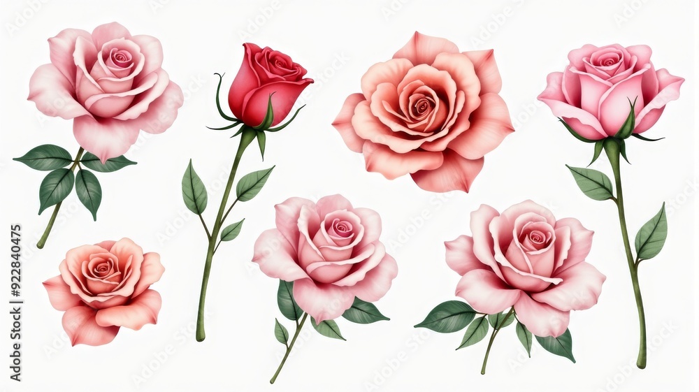 Beautiful Rose Illustrations in Various Shades of Pink and Red for Floral Designs