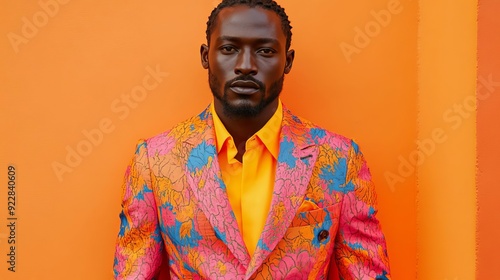 A man in a colorful patterned suit stands against a bright orange background