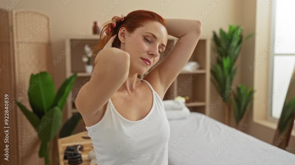 Woman enjoying relaxation in a wellness spa room, surrounded by indoor plants and serene spa decor, engaging in self-care and beauty routines. Woman enjoying relaxation in a wellness spa room, surrounded by indoor plants and serene spa decor, engaging in self-care and beauty routines.