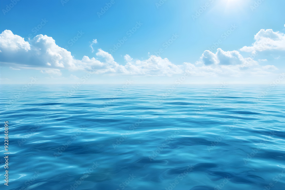 Obraz premium Calm ocean waters under a clear blue sky with scattered white clouds. Generative AI