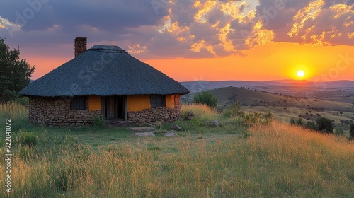 Traditional Ndebele hut at sunset in picturesque South African landscape