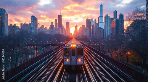 Train passing by over bridge of City of Chicago transport system Illinois USA 