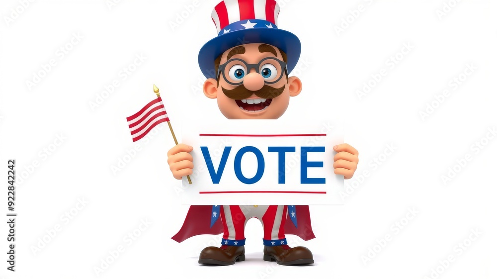 Patriotic Cartoon Character Holding 'Vote' Sign and American Flag for Election Campaigns Patriotic Cartoon Character Holding 'Vote' Sign and American Flag for Election Campaigns