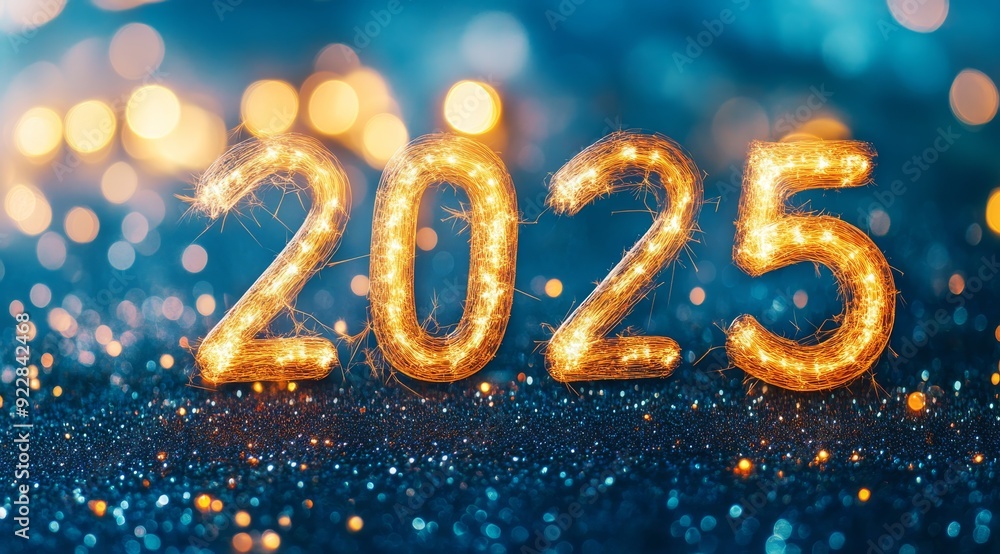 A festive and cheerful representation of the upcoming year 2025 with sparkling lights set on a blue background A festive and cheerful representation of the upcoming year 2025 with sparkling lights set on a blue background