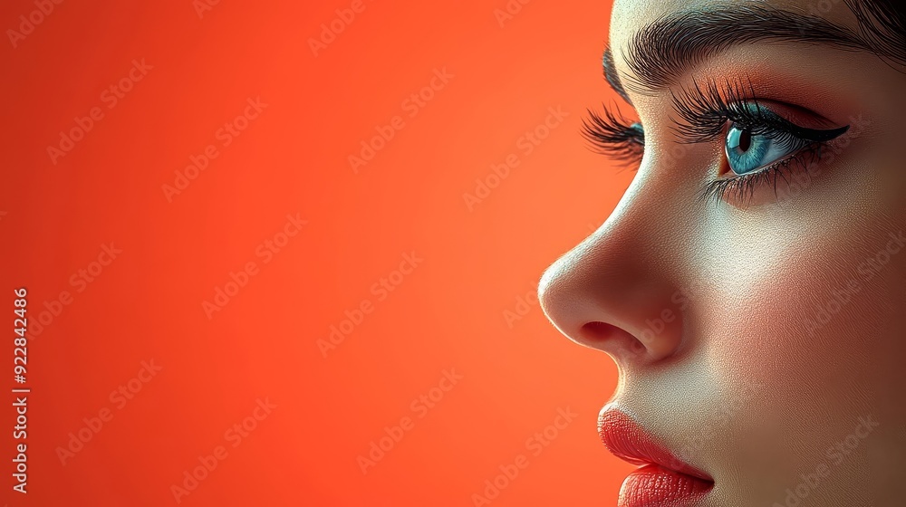 Close-up of a womans profile with blue eyes and red lips against a warm orange background Close-up of a womans profile with blue eyes and red lips against a warm orange background