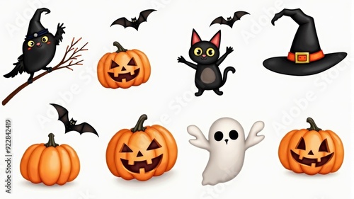 Cute Halloween Illustration with Pumpkins, Black Cat, Ghost, Witch Hat, and Bats - Perfect for Holiday Decorations