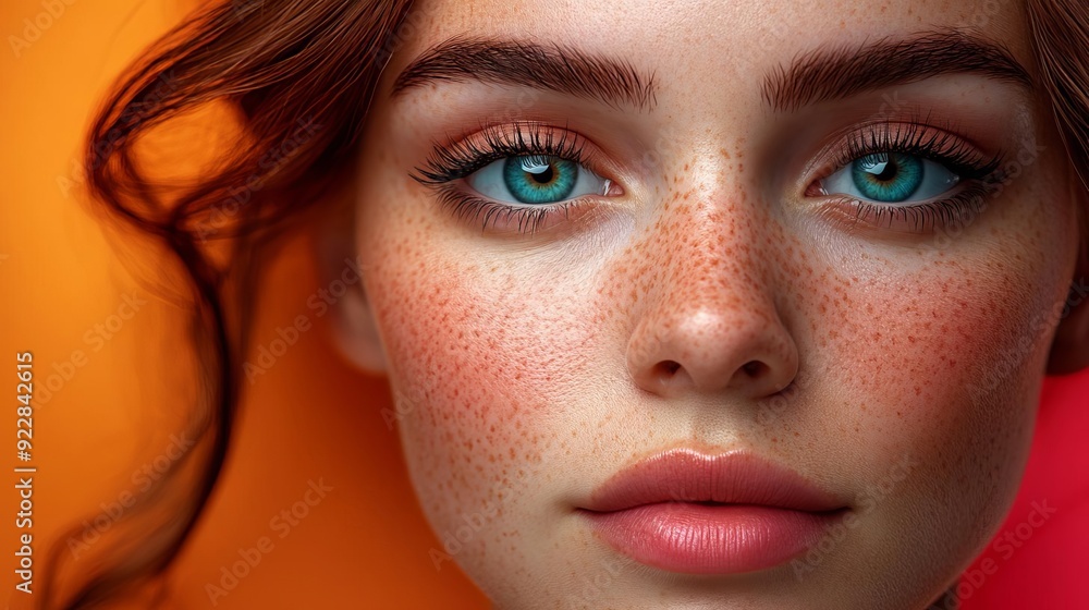 Close-up portrait of a young woman with freckles and blue eyes Close-up portrait of a young woman with freckles and blue eyes