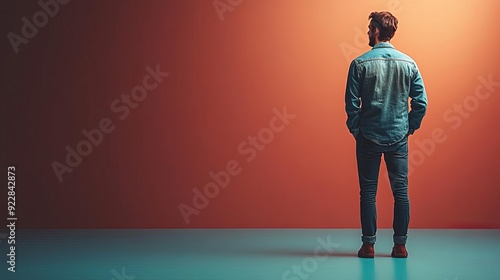 Man in a blue shirt standing with his hands in his pockets looking at a red wall