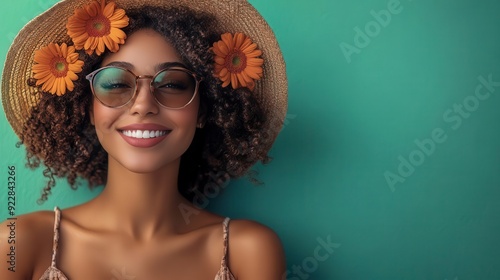 Smiling woman with curly hair wearing sunglasses and a straw hat adorned with flowers against a green background