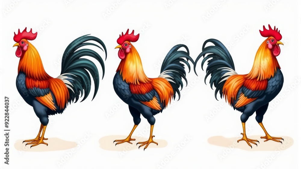 Fototapeta premium Vibrant Illustrated Rooster Trio on White Background - Colorful Farm Animal Artwork Perfect for Educational and Decorative Uses