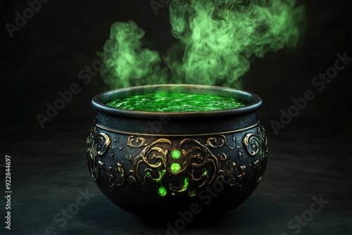 Ornate Black Cauldron with Green Potion and Ethereal Smoke