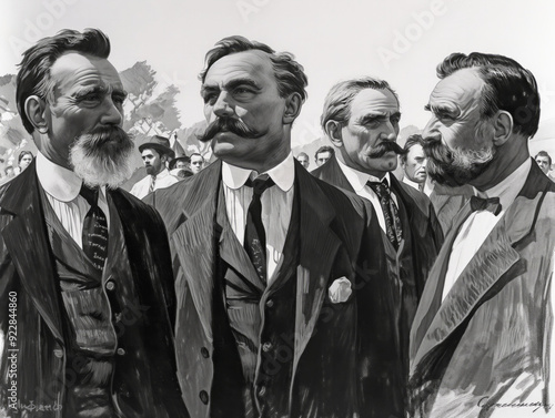 A group of men in suits and ties stand together. The men are all bearded and wearing ties. The men are standing in a crowd of people photo