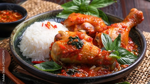 Traditional Indonesian ayam woku with its spicy Manado-style chicken, garnished with fresh basil leaves, complemented by steamed rice and a side of sambal for a complete meal photo