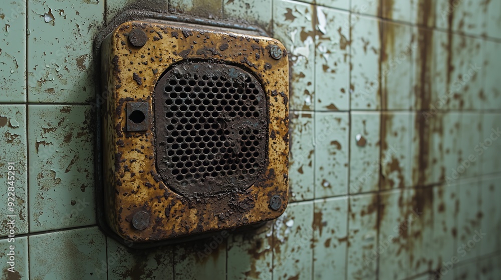 Rusty Ventilation Cover on Old Tile Wall. Rusty Ventilation Cover on Old Tile Wall.