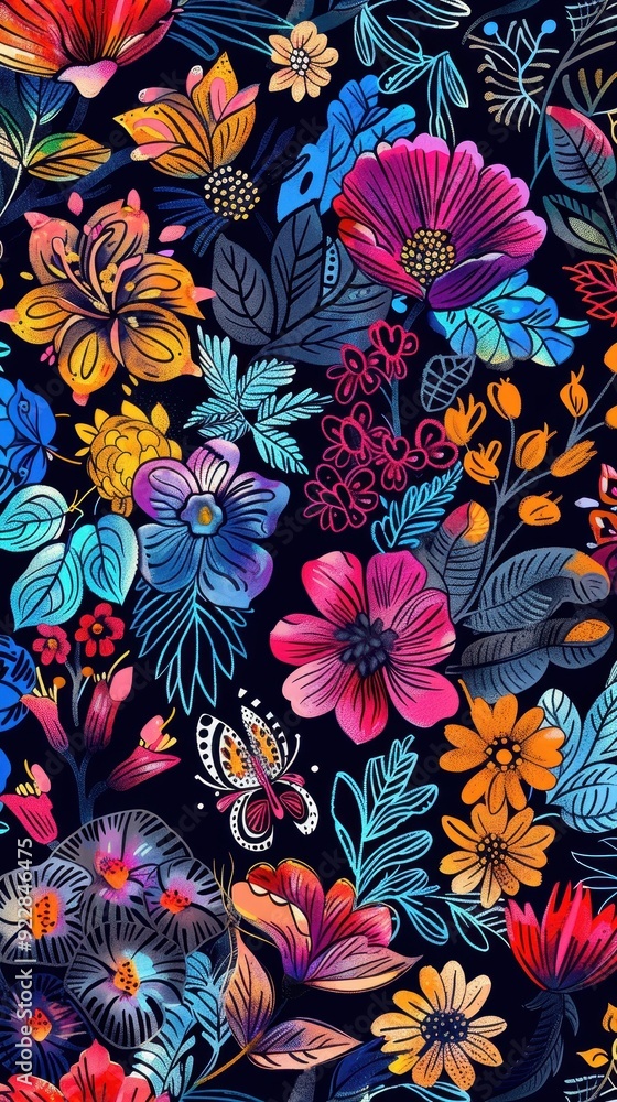 Brightly colored flowers and leaves intertwine on a dark backdrop, creating a striking floral pattern full of life Brightly colored flowers and leaves intertwine on a dark backdrop, creating a striking floral pattern full of life