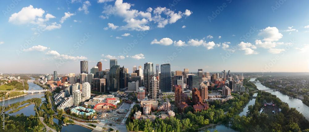 Panoramic aerial view of Calgary at sunset, Alberta - Canada