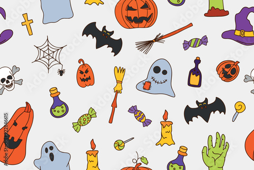 Cute Halloween seamless pattern with spider web, ghosts and pumpkins. Cute doodle design. Jack o lantern set. funny hand drawn doodle, textile graphic design. wallpaper, wrapping paper, background.