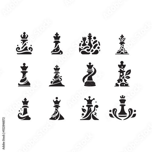 Elegant and Stylish Fluid Chess Piece Icons Set, Featuring Unique Curved Shapes, Isolated on White for Easy Integration into Logo and Branding Projects, Available in High-Quality Vector Format.
