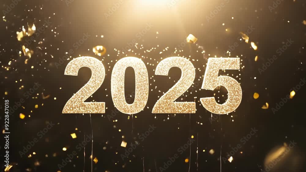 Golden number 2025 glows on festive confetti background. Greeting card with text 2025 on dark. Video animation screensaver. Wallpaper for Christmas, New Year, holidays. Figure 2025 sparkles footage. Golden number 2025 glows on festive confetti background. Greeting card with text 2025 on dark. Video animation screensaver. Wallpaper for Christmas, New Year, holidays. Figure 2025 sparkles footage.