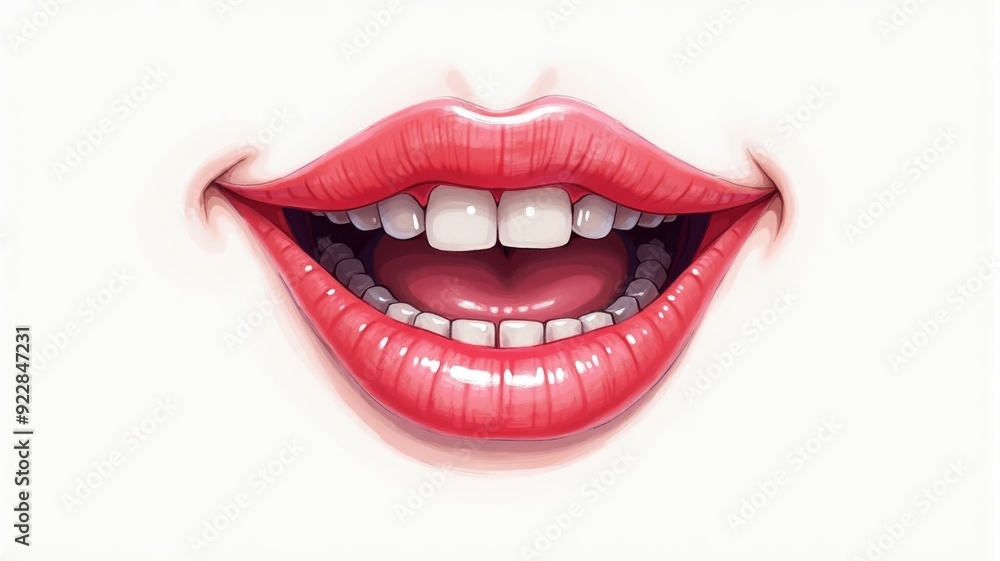 Smiling Mouth Illustration with Glossy Red Lips and White Teeth on White Background Smiling Mouth Illustration with Glossy Red Lips and White Teeth on White Background
