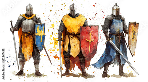 The Three Knights: Guardians of the Realm - A watercolor depiction of three medieval knights, clad in full armor, stand united, each bearing a unique coat of arms. 