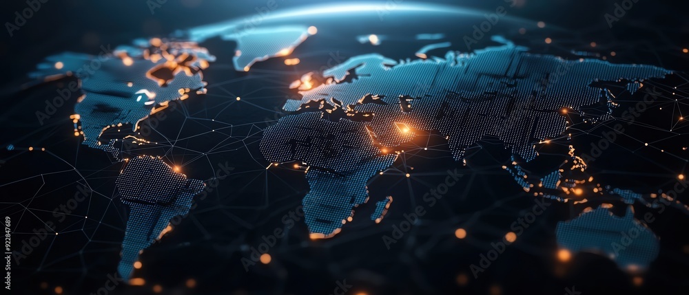 Fototapeta premium A detailed view of a glowing world map, showcasing connections illuminated by lights, representing global communication and networking.