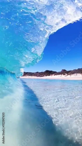 Crystal clear turquoise open ocean sea underwater footage. Waves breaks over camera on shallow sand beach. photo