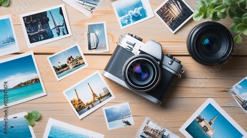 Travel photos and camera on wooden table