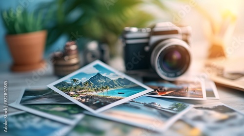 Travel photos and vintage camera in warm sunlight