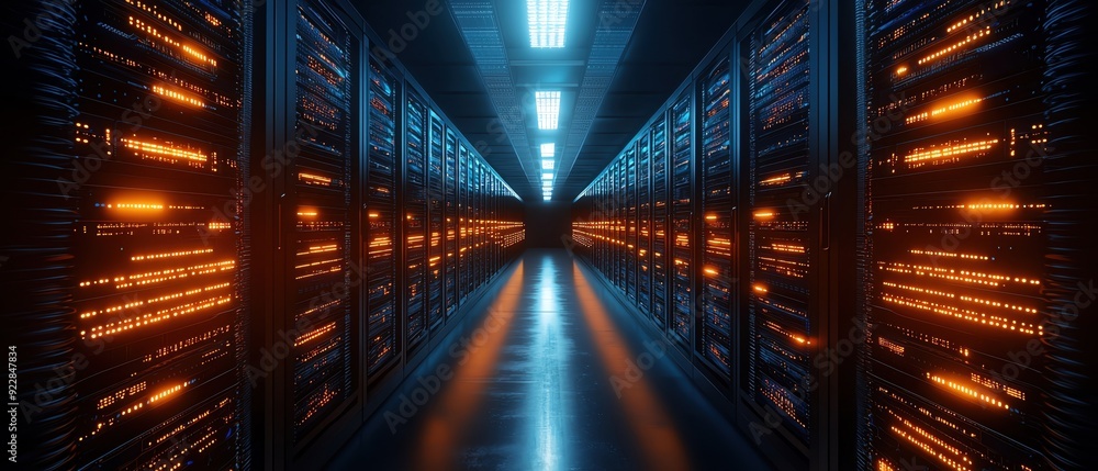 A futuristic data center with glowing servers and illuminated hallway, showcasing modern technology and digital storage. A futuristic data center with glowing servers and illuminated hallway, showcasing modern technology and digital storage.