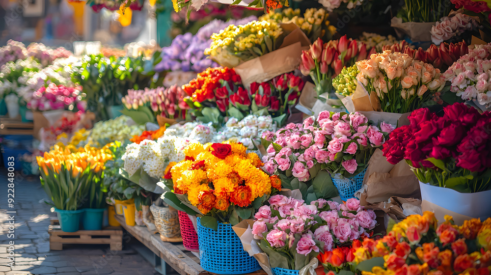 Fototapeta premium Flower Market Abundance: A vibrant display of fresh, colorful blooms fills a bustling flower market, creating a visual feast for the senses. 