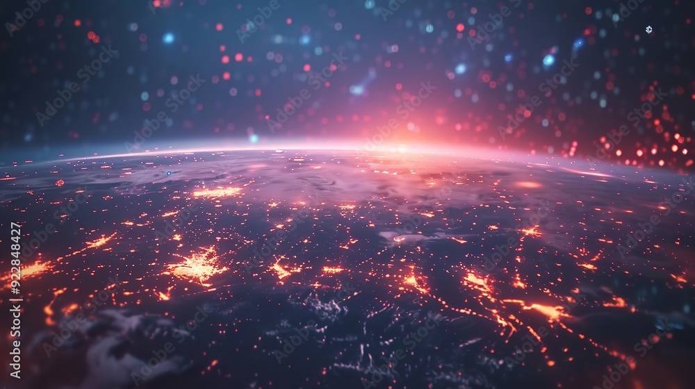 view of planet earth in a web of city lights, heat map of the globe view of planet earth in a web of city lights, heat map of the globe