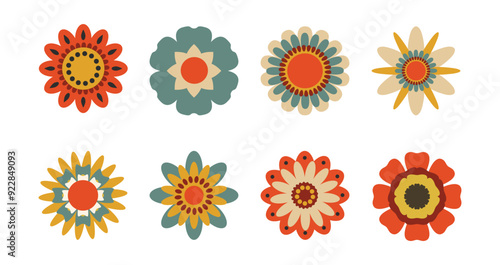 Set of flowers. Nostalgic 60s and 70s retro flowers collection. Bright floral geometric vintage set in hippie style.	