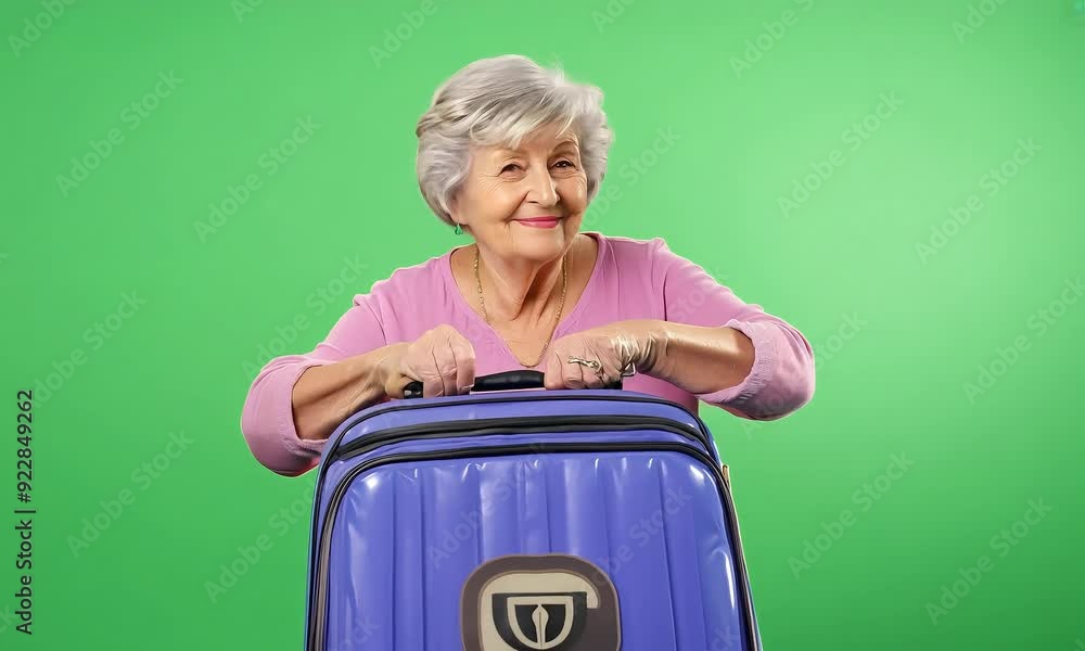 Senior Woman Holding Blue Suitcase on green screen background with ai generated.
Senior Woman Holding Blue Suitcase on green screen background with ai generated.
