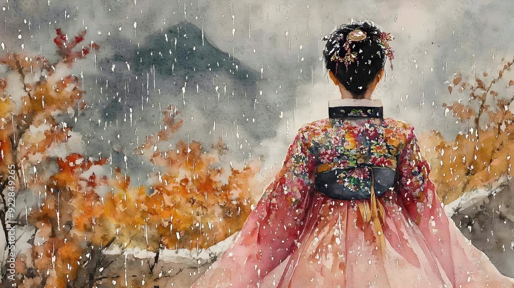 Fototapeta premium Watercolor Portrait of a Woman in Traditional Korean Hanbok Amid Autumn Foliage