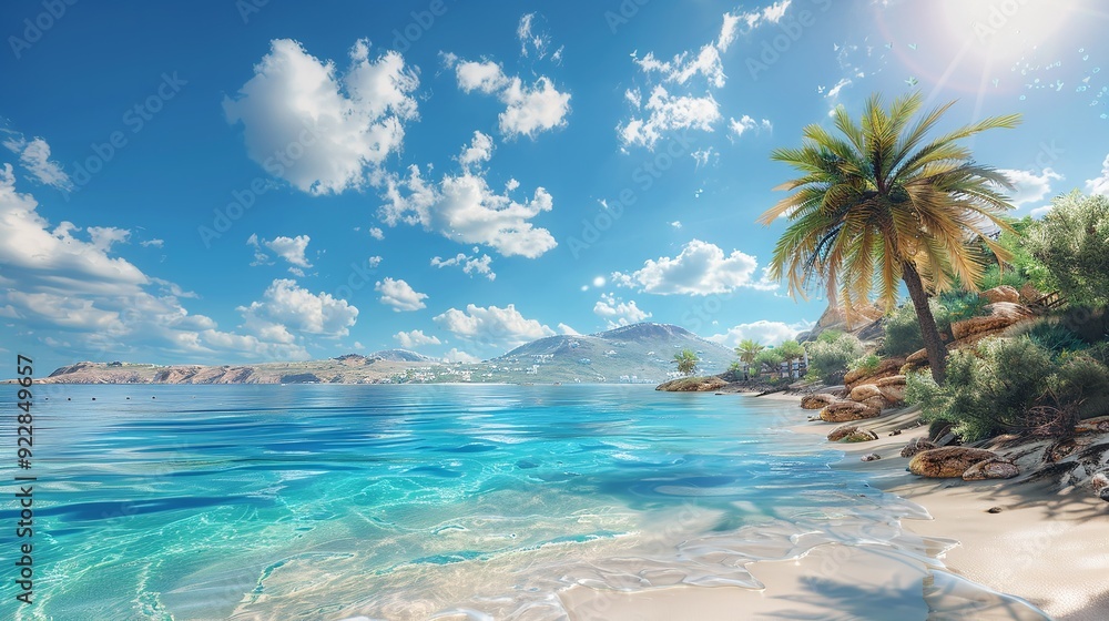 Fototapeta premium A rocky beach with the tide coming in. Creative banner. Copy space image