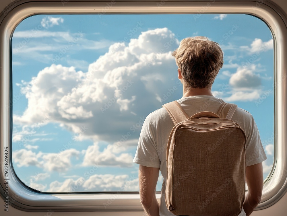 Fototapeta premium A traveler gazes out of a window, contemplating the beautiful sky filled with clouds, evoking a sense of adventure and exploration.