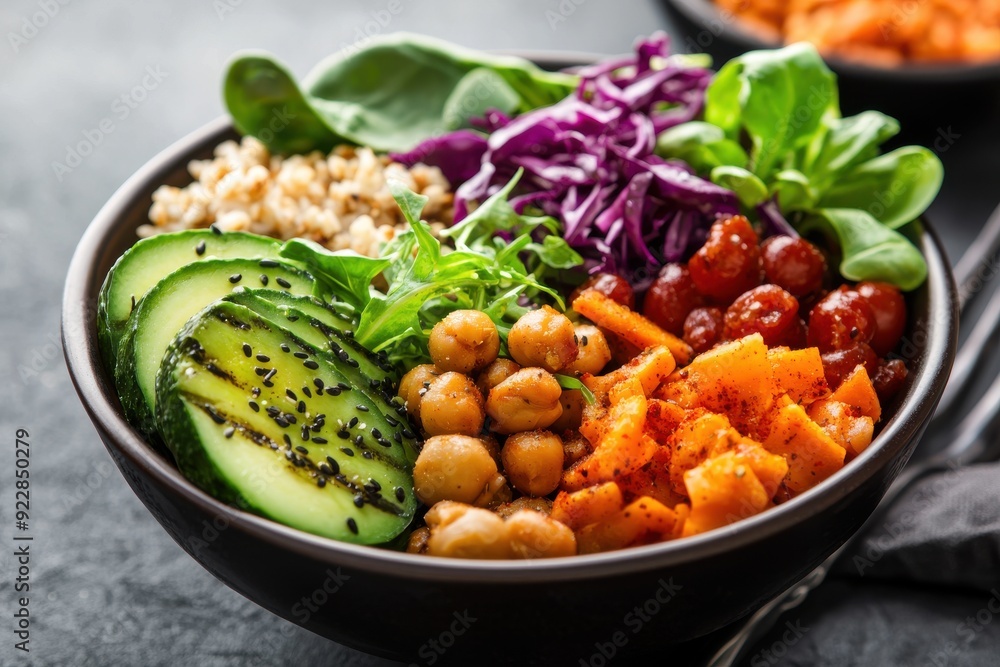 A vibrant and healthy salad bowl featuring fresh vegetables, chickpeas, and grains for a nutritious meal. A vibrant and healthy salad bowl featuring fresh vegetables, chickpeas, and grains for a nutritious meal.
