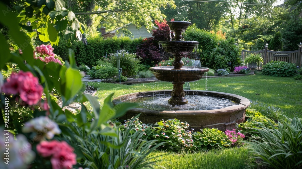 beautiful water fountain in a garden surrounded by flowers beautiful water fountain in a garden surrounded by flowers