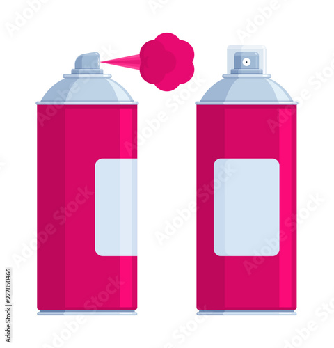 Set of pink spray paint cans with silver caps, one spraying paint. Flat vector illustration isolated on white background. Art supplies and graffiti concept. Perfect for creative projects