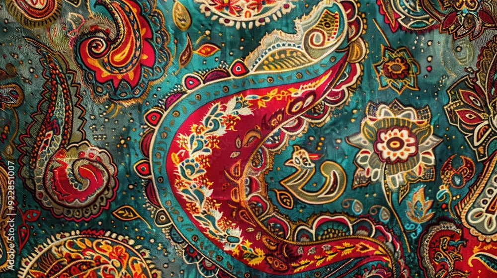 A vibrant paisley fabric features intricate designs and rich colors displayed in a textile exhibit under ample natural light A vibrant paisley fabric features intricate designs and rich colors displayed in a textile exhibit under ample natural light