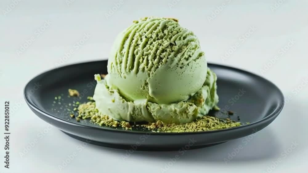 A scoop of creamy green tea ice cream with green tea powder sprinkle, served on black plate, isolated on white background suitable for food advertising A scoop of creamy green tea ice cream with green tea powder sprinkle, served on black plate, isolated on white background suitable for food advertising