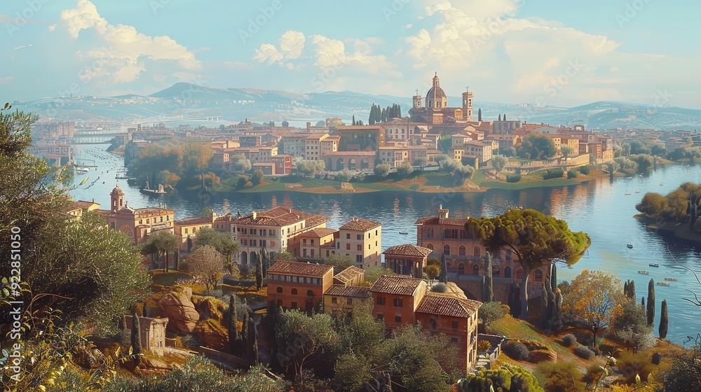 Fototapeta premium Colorful Buildings in city near river during summer